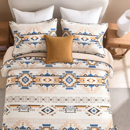 Queen Cotton Quilt Set with Reversible Bedspread Aztec Pattern - All Season Bedding
