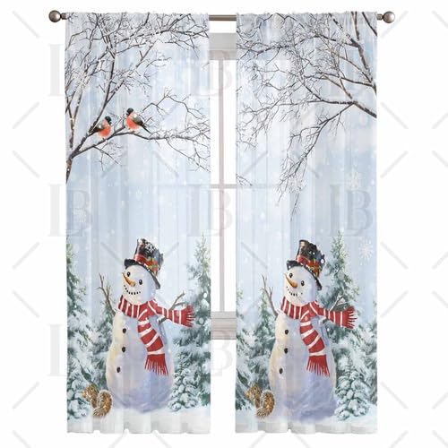Christmas Snowman Sheer Curtains 52x63 Inches - 2 Panels Winter Decor