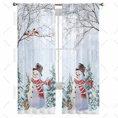 Christmas Snowman Sheer Curtains 52x63 Inches - 2 Panels Winter Decor