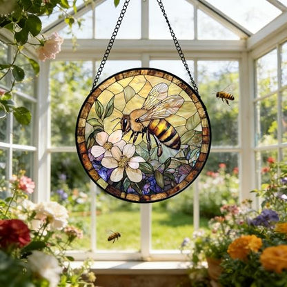7.8 Inch Stained Glass Window Hanging Bee Suncatcher with Artistic Design - Yellow