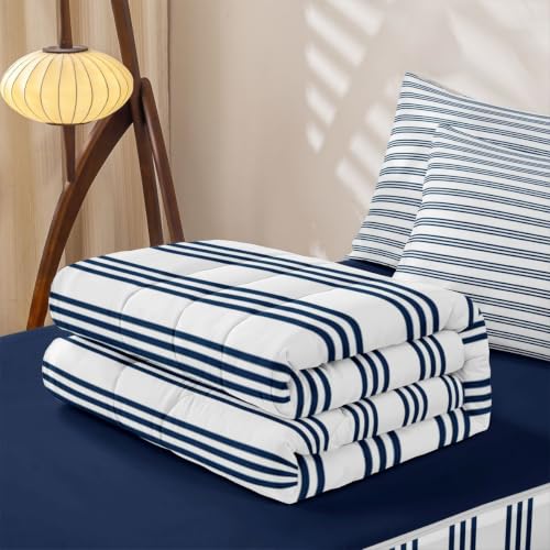 Navy Blue & White Zipper Bedding Set - Twin Size with Comforter & Sheets - Variation: Navy Blue White