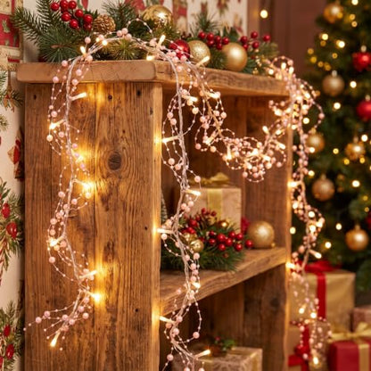 Pink Christmas String Lights with Berry Garland - 9.84 ft, 30 LEDs, Battery Operated