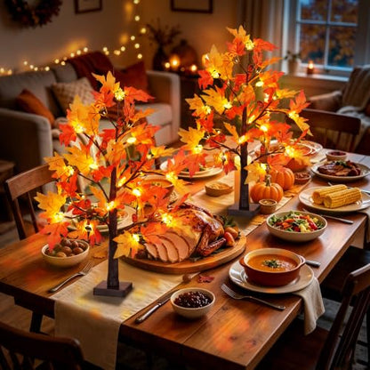 Set A 2-Pack 24-Inch Lighted Fall Maple Trees for Thanksgiving Decor