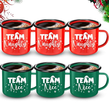 Christmas Enamel Mug Set of 6 with Red and Green Holiday Coffee Cups - 12oz