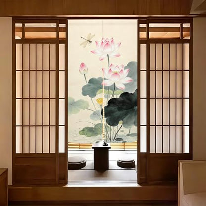 Japanese Noren Doorway Curtain Tapestry Lotus Design Green 33.5x59 Inches