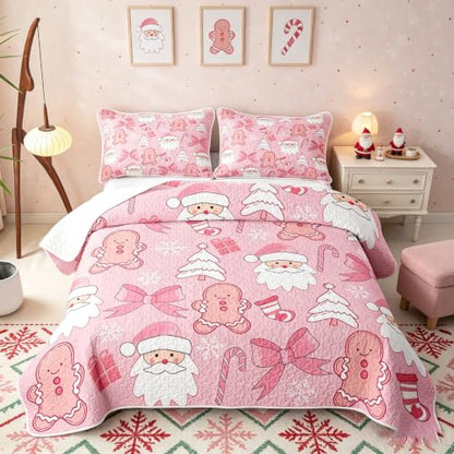 Pink Christmas Quilt Set with Santa & Gingerbread Man - Full Size, White Beige Pink Variation