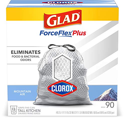 Glad Trash & Food Storage Tall Kitchen Trash Bags ForceFlexPlus With Clorox, 13 Gallon, Mountain Air 90 Count (Package May Vary),White-Gray