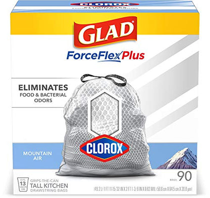 Glad Trash & Food Storage Tall Kitchen Trash Bags ForceFlexPlus With Clorox, 13 Gallon, Mountain Air 90 Count (Package May Vary),White-Gray