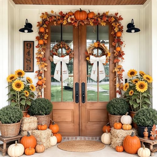 Fall Wreath Sash for Front Door Monogrammed Pumpkin Ribbon Embroidery - B Variation