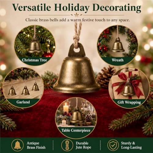 Vintage Christmas Jingle Bell Ornaments with Jute Rope - Set of 12