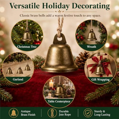 Vintage Christmas Jingle Bell Ornaments with Jute Rope - Set of 12