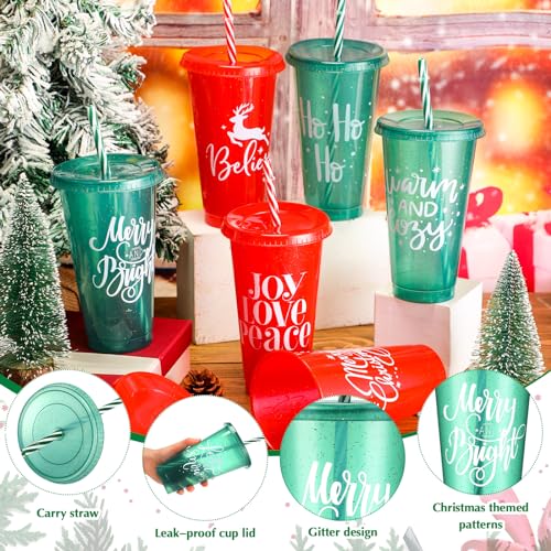 Christmas Plastic Cups with Lids & Straws - 50 Pack, 25 Oz, Reusable, Holiday Party Supplies, 10 Styles