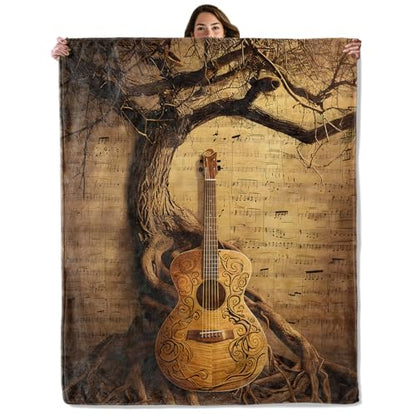 Guitar and Tree Throw Blanket for Kids & Adults - Soft Cozy Flannel 60x80