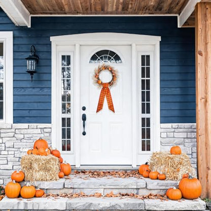 Fall Wreath Ribbon Sash Set - Red Autumn Harvest Buffalo Plaid 2 Pcs