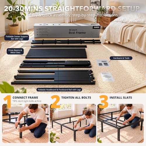 Black Queen Bed Frame with Storage, Metal Platform, Noise-Free Support