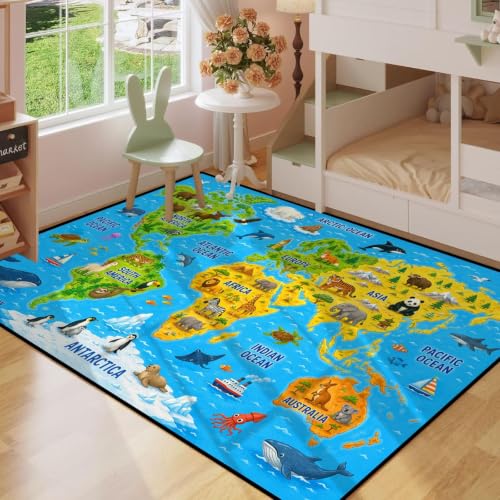 Map 01 Kids Playroom Rug - Blue World Map Non-Slip 4x6 ft Play Mat