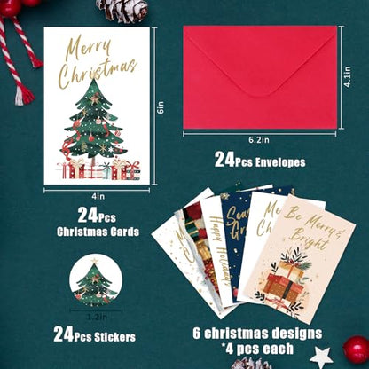 24 Holiday Christmas Cards with Red Envelopes & Stickers - Assorted Designs
