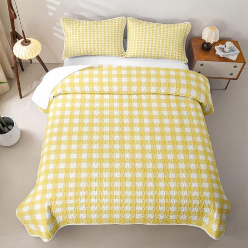 Yellow White Checkered Kids Quilt Set Full Size Plaid Geometric Bedspread for All Seasons - Boys & Girls Bedding