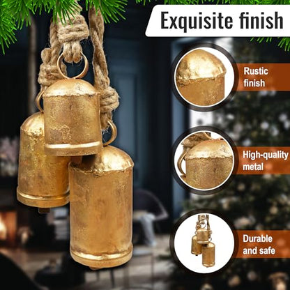 Medium Rustic Christmas Bell Set - Gold Harmony Cow Bells for Holiday Decor