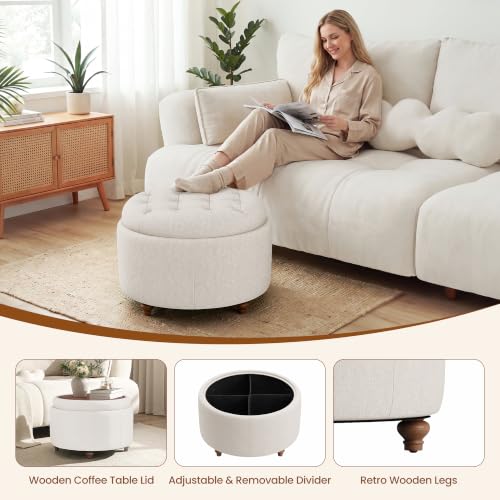 Round Ottoman with Storage and Reversible Tray - Camel, 25 Inch