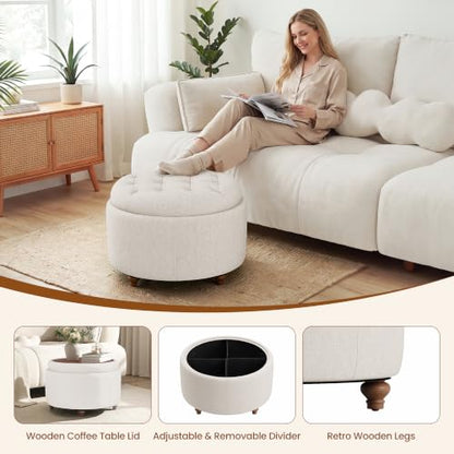 Round Ottoman with Storage and Reversible Tray - Camel, 25 Inch