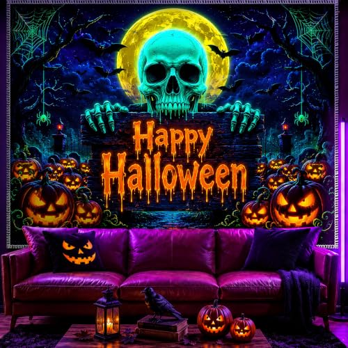 UV Reactive Halloween Tapestry Wall Hanging with Skull Pumpkin Design - Large 78x59 Inches