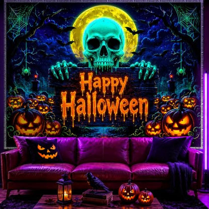 UV Reactive Halloween Tapestry Wall Hanging with Skull Pumpkin Design - Large 78x59 Inches