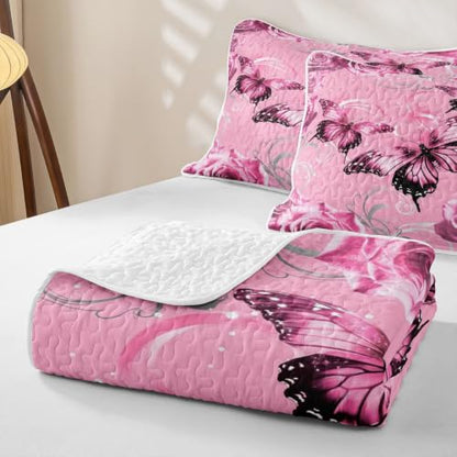 Pink Butterfly Quilt Set Queen Size 3D Bedspread with Pillowcases Kids Girls