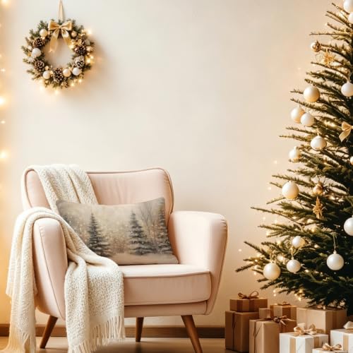 Christmas Tree Winter Scene Pillow Cover 20x12 Rustic Holiday Decor Snowy Forest Lumbar