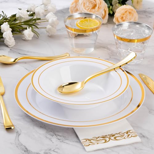 Gold Disposable Plastic Bowls and Plates Set for Parties Weddings Catering