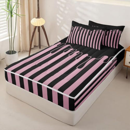 Black Pink Striped Zipper Bedding Set Twin with Comforter & Sheets for Kids - Minimalist Geometric Lines Bed in a Bag - Variation: Black Pink / Twin