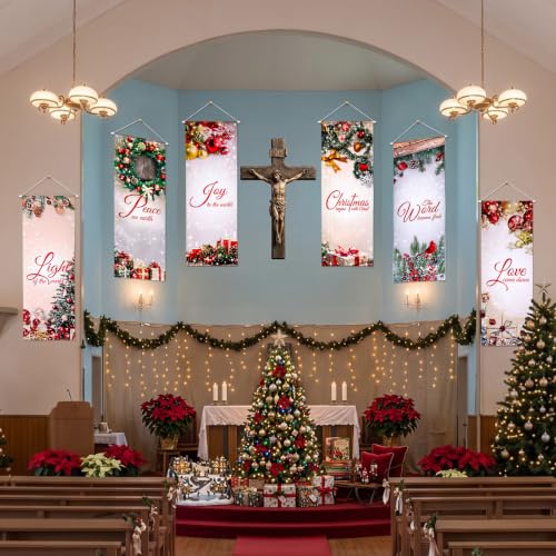Christmas Church Banners Set - Sacred Scripture Sanctuary Wall Decor, 6 Pieces with Variation Christmas and Hole