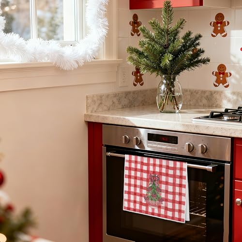 Chinoiserie Christmas Kitchen Towels - Red Buffalo Plaid Bow Holiday Dish Hand Towel, 16x24 Inches, Seasonal Home Decor