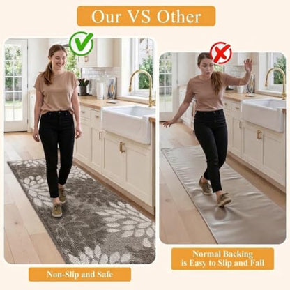 Brown 2x8 ft Non Slip Washable Runner Rug for Hallway Kitchen - Floral High-Low Design