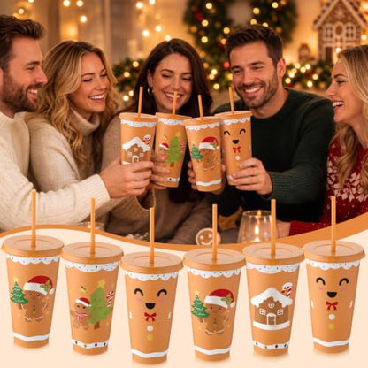 Gingerbread Man Christmas Cups with Lids & Straws - 24 oz, 12 Pack
