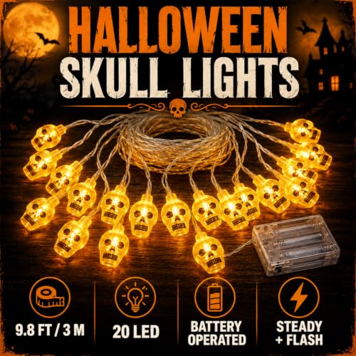 Halloween Skull String Lights - 9.8FT 20 LED Battery Operated - Variation A
