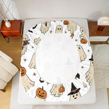 Beige Full Bed Sheets Set with Ghost Pumpkin Bats - Microfiber Breathable Soft