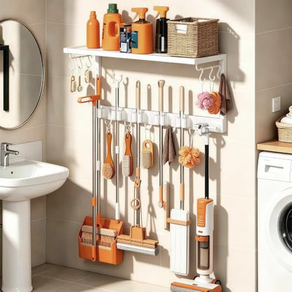 White Wall Mount Broom Holder with Shelf and Hooks - Heavy Duty Garage Organizer