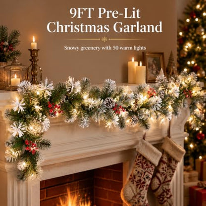 9FT Artificial Christmas Garland with Warm White Lights, Pine Cones & Red Berries