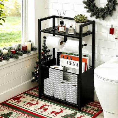 Black Freestanding Toilet Paper Holder Stand with Metal Mesh Basket and Storage
