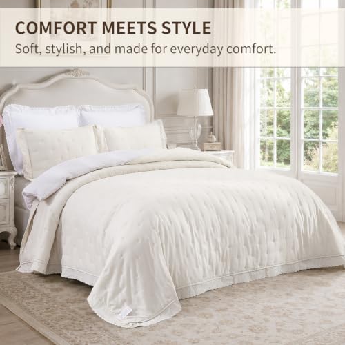 King Beige Ruffle Quilt Set with Lace Trim - Soft 100% Polyester Bedding