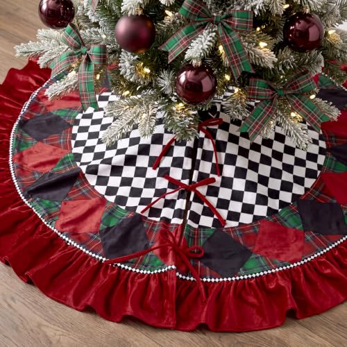 48 Inch Black and White Checkered Christmas Tree Skirt with Burgundy Ruffle - Variation of THIS listing