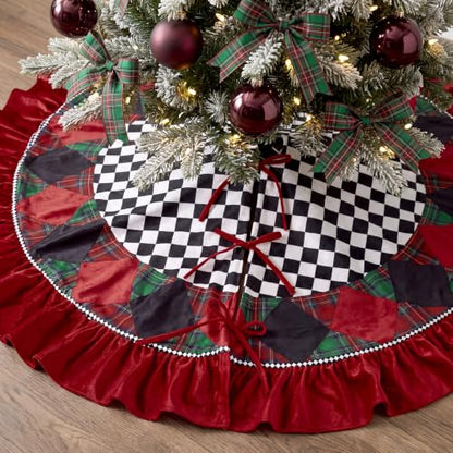 48 Inch Black and White Checkered Christmas Tree Skirt with Burgundy Ruffle - Variation of THIS listing