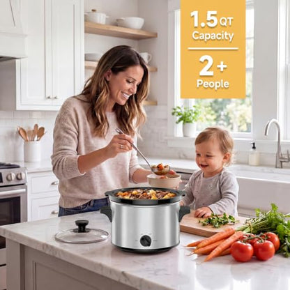 Small Slow Cooker 1.5 Qt for 1-2 People - Silver, Adjustable Heat