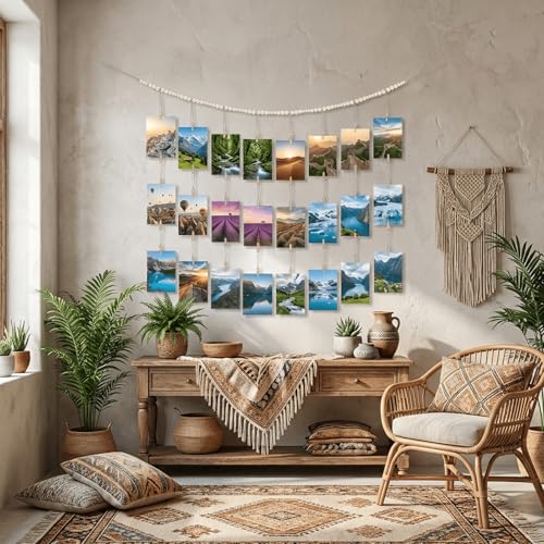 Hanging Photo Display with Clips and Wooden Beads - Boho Wall Decor