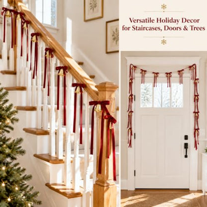 10 ft Christmas Velvet Bow Garland with Jingle Bells and Red Ribbon