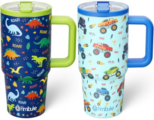 Toddler Insulated Sippy Cup with Handle & Straw - Dinosaur & Monster Trucks 20oz 2 Pack