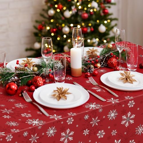 Red Snowflake Christmas Tablecloths - Pack of 3, 54 x 108 Inches, Disposable Holiday Decor