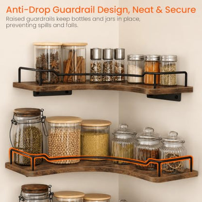 L-Shaped Corner Floating Wall Shelves Set of 3 Rustic Brown Wall Mounts with Guardrails
