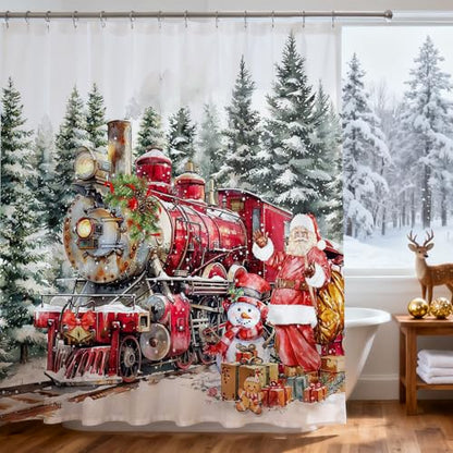 Christmas Shower Curtain Santa Train Snowman Winter Bath Decor 72x72 Inch - White Variation